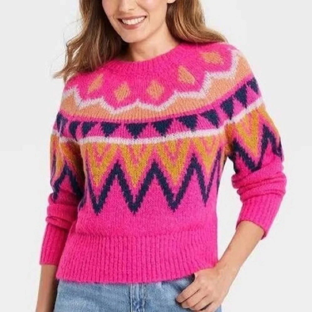 A New Day Barbiecore Fair Isle Crew Neck Fuzzy Pullover Sweater Knit Plus Sz 2XL